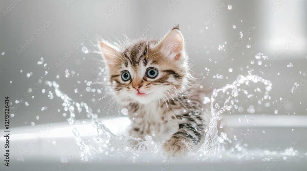 Poster a cute shot of a kitten splashing in a shallow basin of water, with droplets flying and a playful ex