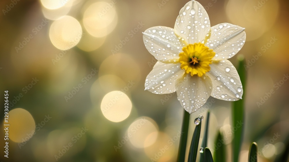 Poster a delicate image of a white daffodil with dew drops on its petals, set against a blurred natural bac