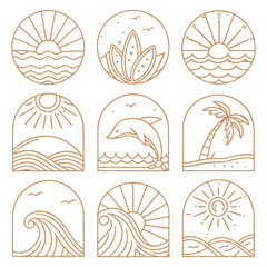Bohemian Linear Logos and Icons with Ocean, Beach, and Surfing Elements