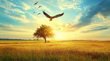 Majestic Eagle Soaring Over Golden Wheat Field at Sunset