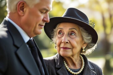Fototapeta premium Elderly couple in formal attire sharing a tender moment outdoors.
