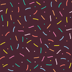 Sprinkle Pattern. Rainbow dotted lines on chocolate background. Small dash seamless backdrop. Vector Illustration in scandinavian style.
