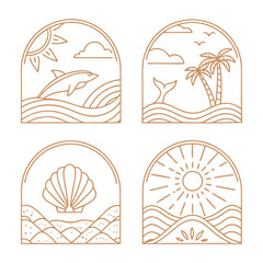 Naklejka premium Bohemian Linear Logos and Icons with Ocean, Beach, and Surfing Elements