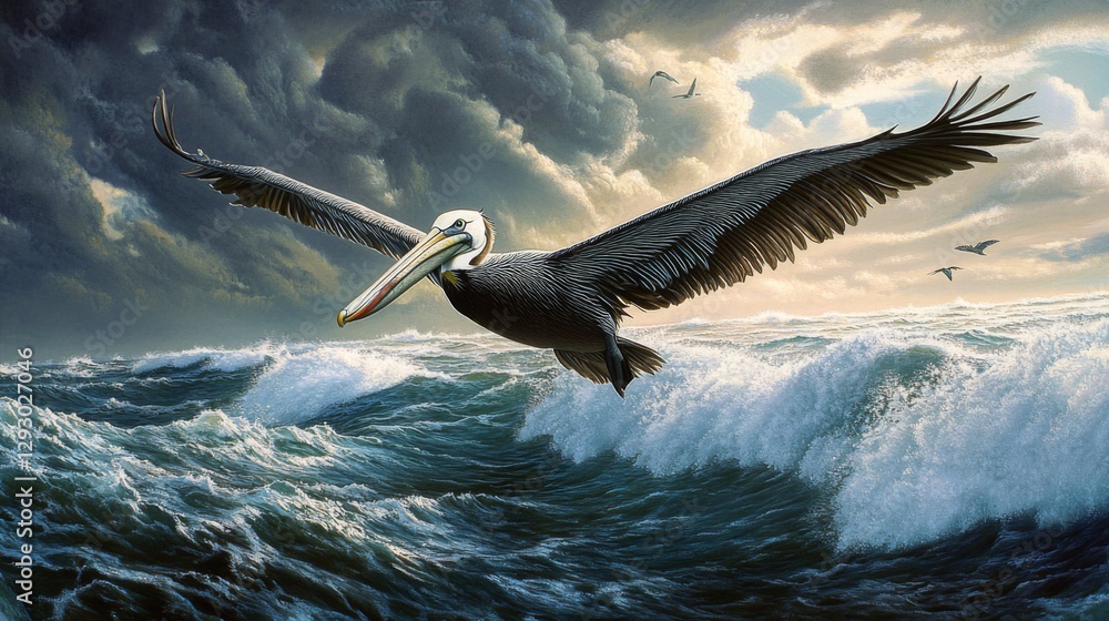 Poster A detailed image of a pelican soaring above the waves, with its distinctive beak and wings fully extended, capturing the essence of coastal life.