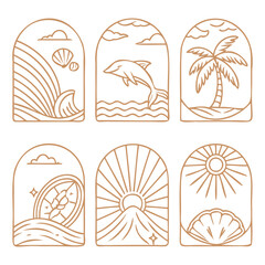 Bohemian Linear Logos and Icons with Ocean, Beach, and Surfing Elements