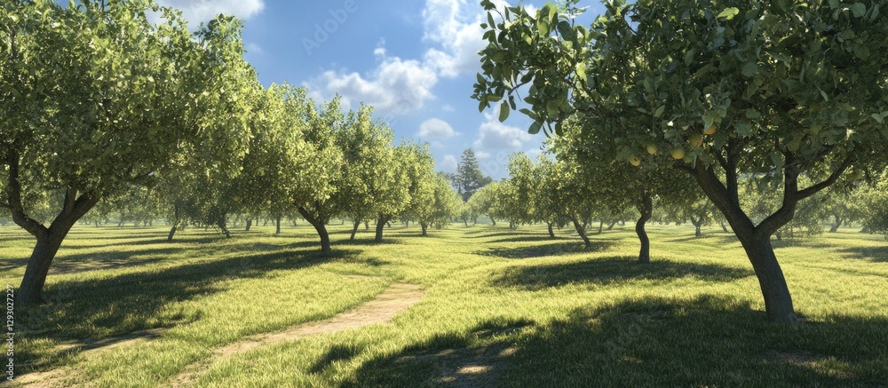 Poster lush green apple orchard under a bright blue sky with fluffy white clouds casting soft shadows on th