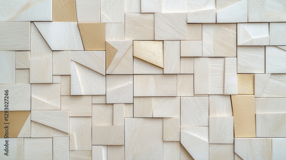 Poster abstract geometric wall design with beige and white 3d tiles creating a modern artistic pattern.
