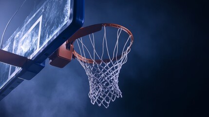 Naklejka premium A dramatic shot of a basketball soaring through the air toward the hoop, with the net and backboard slightly blurred in the background.