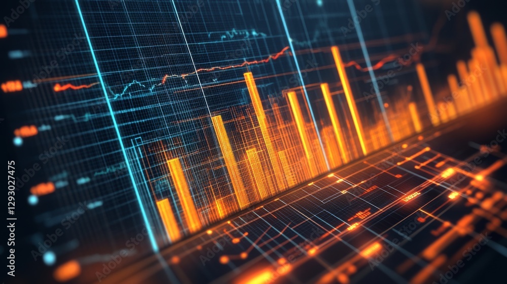 Poster a dynamic d financial bar chart with glowing lines and a digital interface, showing key business met