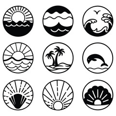 Bohemian Linear Logos and Icons with Ocean, Beach, and Surfing Elements