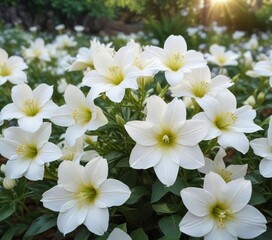 White platycodon grandiflorus in full bloom during summer season, garden bed, vivid, rural, tranquil, macro