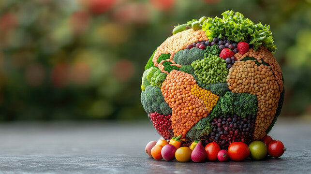 Globe made of fresh fruits and vegetables, symbolizing global veganism, healthy lifestyle, and sustainability for World Vegan Day and World Health Day. Banner, copy space