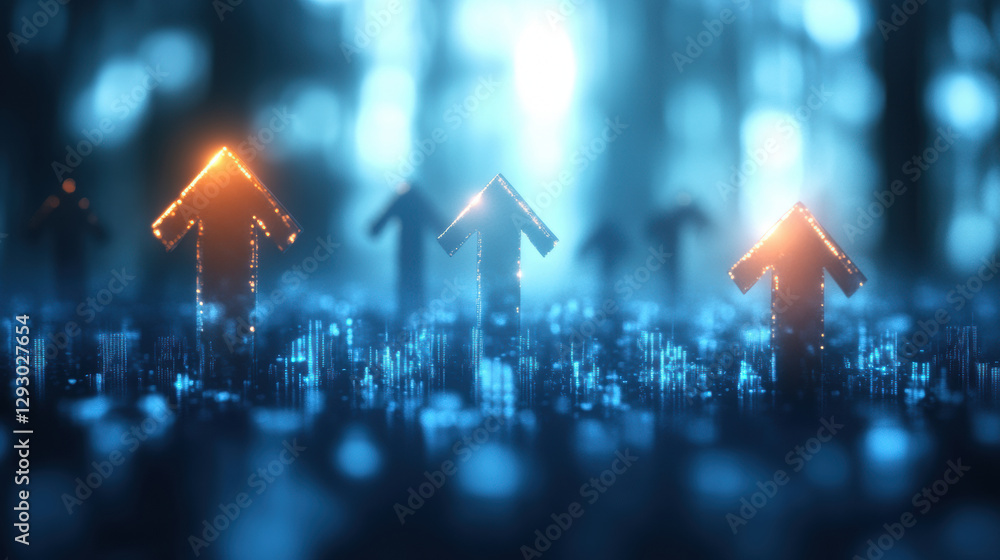 Poster abstract digital arrows pointing upwards representing growth and progress in futuristic setting. glo
