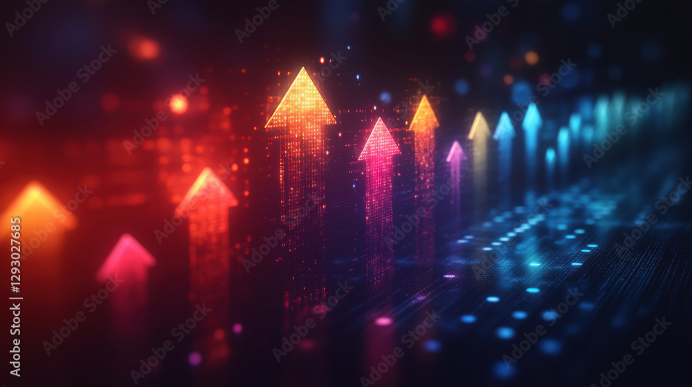 Poster vibrant abstract background with upward pointing arrows in various colors, symbolizing growth and pr