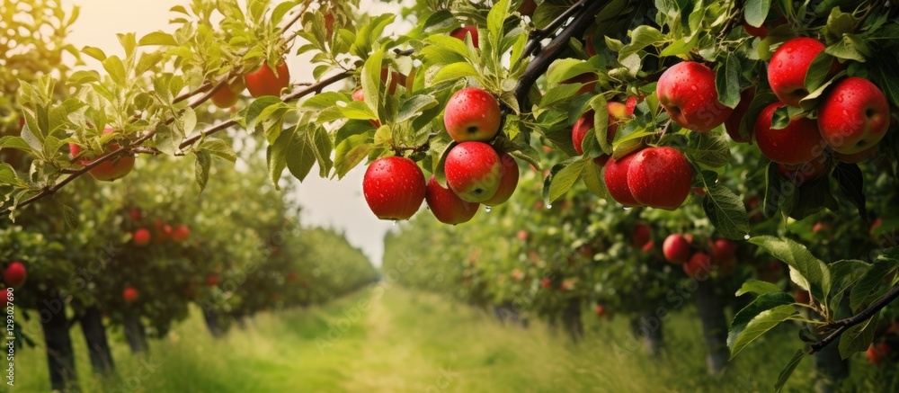 Poster lush green orchard with vibrant red apples hanging on trees, sunlit pathway in background, creating 