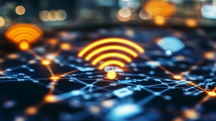 A dynamic image of a Wi-Fi network diagram on a digital tablet, with various devices connected, emphasizing the importance of network management.