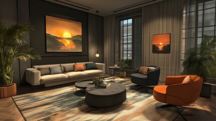 A dynamic living room featuring a mix of modern and vintage furniture, adorned with artwork and decorative elements, capturing a unique style.