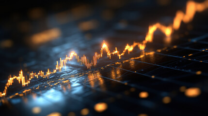 glowing upward trend line on dark background represents financial growth and success. vibrant colors and reflections create dynamic and engaging visual