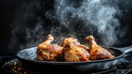 A dynamic scene of freshly fried chicken sizzling in a cast-iron skillet, with droplets of oil and steam rising, showcasing the cooking process.