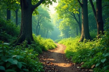 Naklejka premium Clear path winding through lush forest, small boots , fun, landscape, scenic