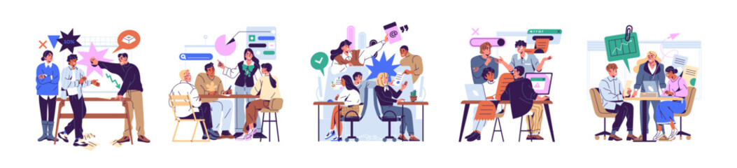Concept set of employees discussing business issues. Office workers argue, agree, disagree, dispute, debate. Team works, decides, solves problems together. Flat isolated vector illustrations on white