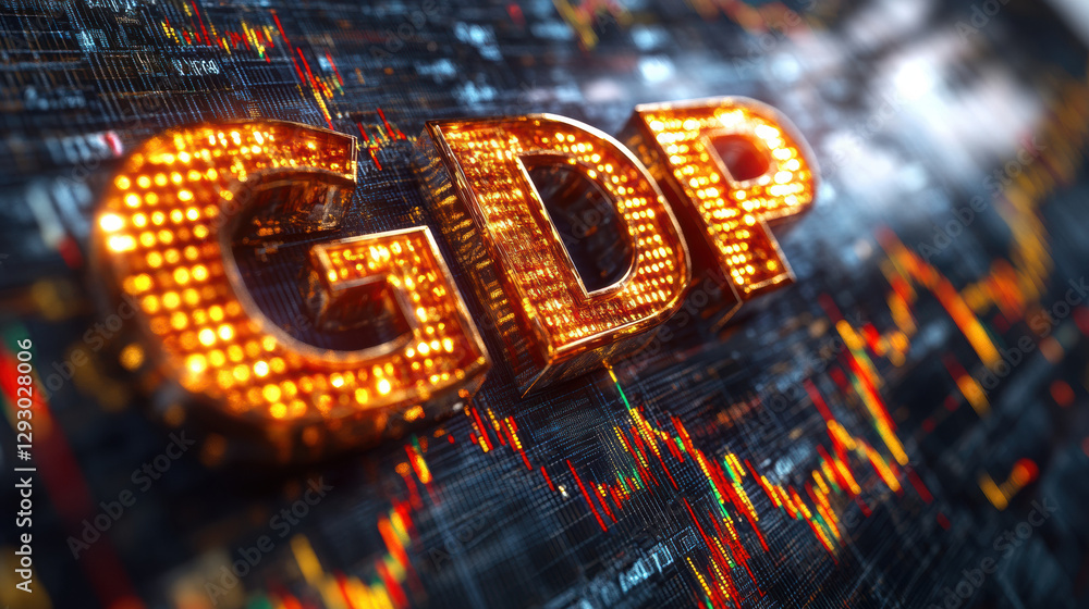 Poster golden letters gdp on digital background with financial graphs, representing economic growth and dat