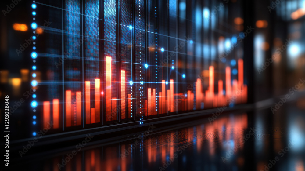 Poster vibrant digital graph displaying fluctuating data trends with bars in red and blue tones, symbolizin