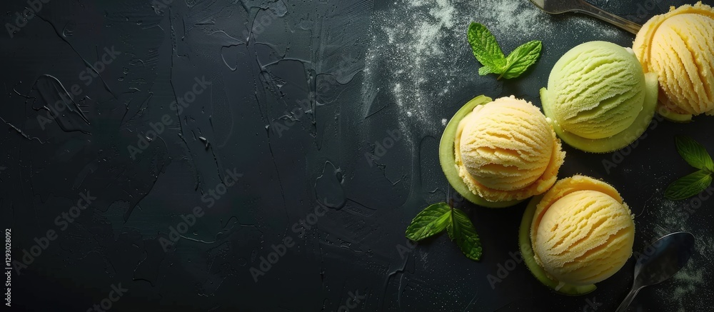 Poster melon ice cream scoops in pale yellow and green placed on a textured dark surface with mint leaves a