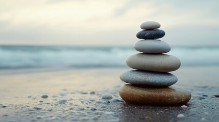 A mindful composition of smooth pebbles stacked carefully on a wet sandy beach.