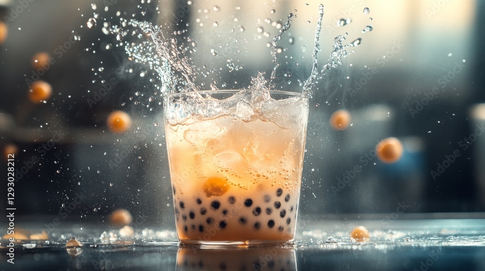 Poster A dynamic shot of bubble tea being poured into a clear cup, with bubbles and ice swirling, creating a sense of freshness and excitement.
