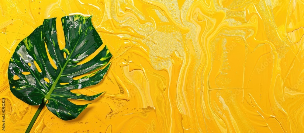 Aufkleber vibrant yellow textured background with a single green monstera leaf positioned in the lower left co