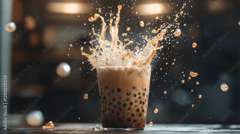Poster A dynamic shot of bubble tea being poured into a clear cup, with bubbles and ice swirling, creating a sense of freshness and excitement.
