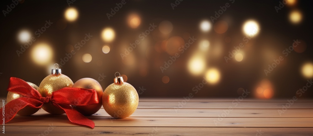 Poster merry christmas and happy new year text with a red ribbon and golden ornaments on a wooden surface b