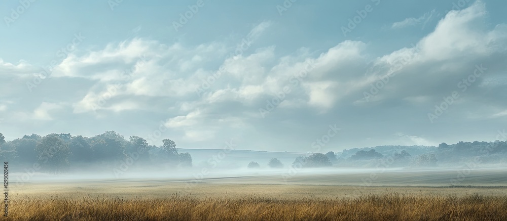 Leinwandbilder Serene misty landscape under a bright midday sky featuring soft clouds and golden grassy fields in the foreground with distant trees on the horizon.