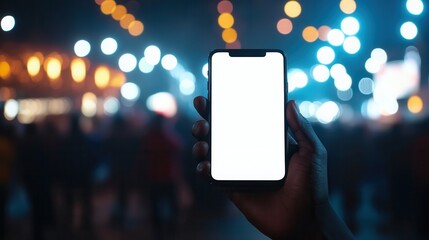 Hand Holding Smartphone with Blank Screen at Night with Bokeh Lights