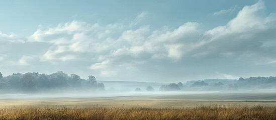 Obraz premium Serene misty landscape under a bright midday sky featuring soft clouds and golden grassy fields in the foreground with distant trees on the horizon.