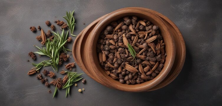 Overhead shot of wooden spice bowls featuring whole cloves, cardamom pods, bay leaves, and cumin seeds, fragrant, food preparation, shot
