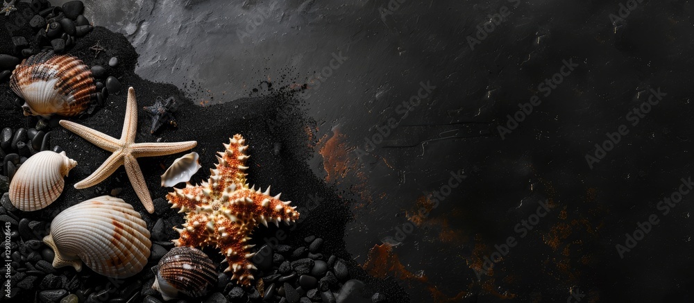 Aufkleber abstract arrangement of seashells and starfish on dark textured background with copy space highlight
