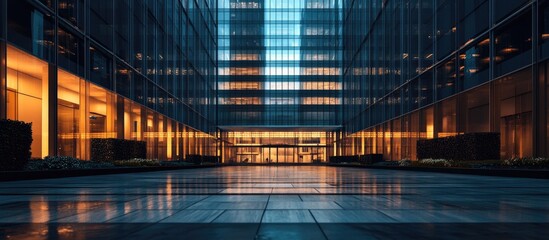Modern urban office building at dusk with blue glass facades and warm orange lighting illuminating the entrance and reflecting on the wet pavement.