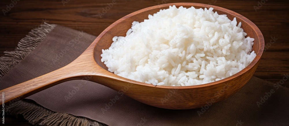 Aufkleber bowl of fluffy jasmine rice in a wooden spoon placed on a brown textured surface with soft lighting 