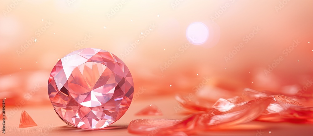 Poster vibrant natural padparadscha sapphire gem in the foreground with soft pink and orange hues in the ba
