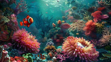 Fototapeta premium Vibrant Underwater Scene with Colorful Coral Reef and Exotic Tropical Fish in Ocean