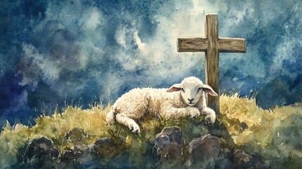 Lamb of God: A serene watercolor depiction of a lamb resting peacefully beside a wooden cross under a dramatic sky, evoking themes of sacrifice, faith, and redemption.