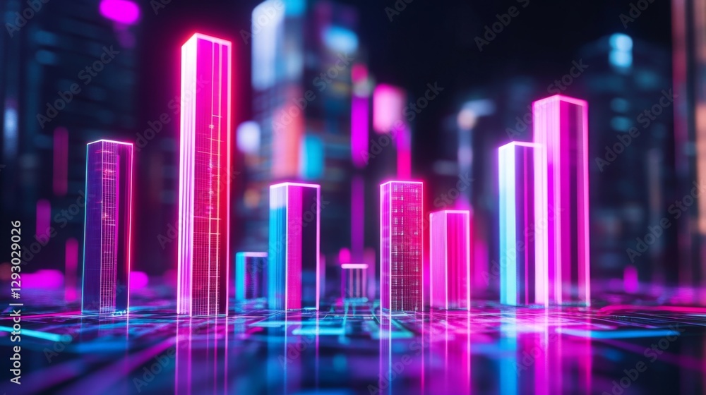 Leinwandbilder A futuristic D bar chart with illuminated bars in various heights, highlighting business growth data in a digital finance environment.