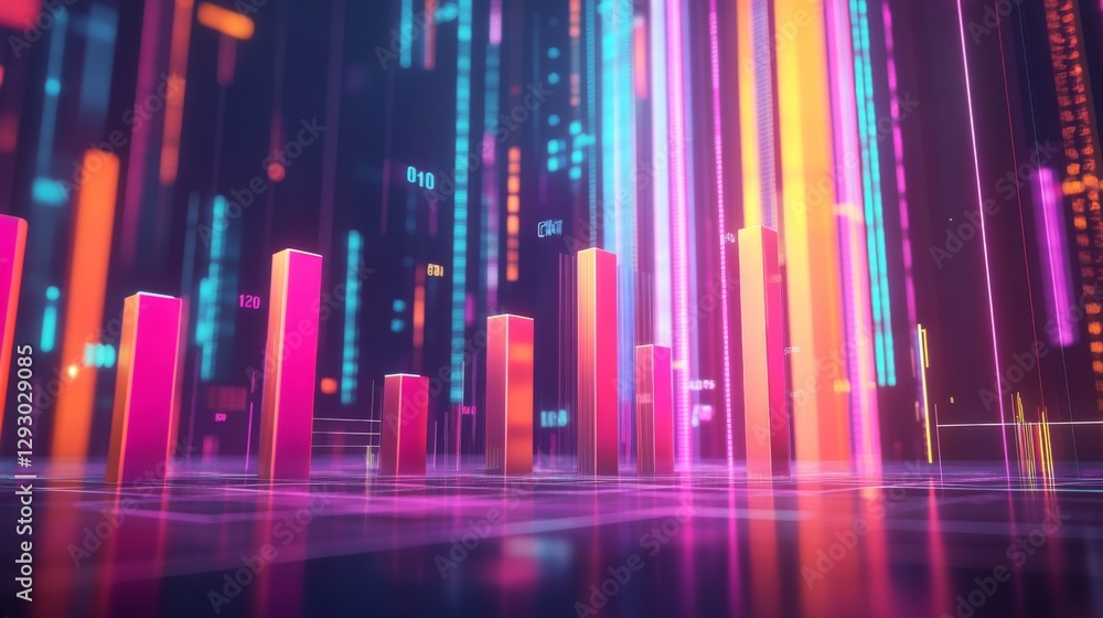 Aufkleber a futuristic financial d bar graph showing rising bars in bright colors, floating against a digital 
