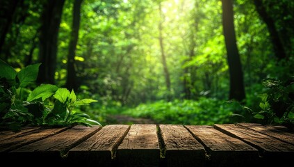Wooden table in a sunlit forest