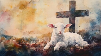 Lamb of Faith: A serene lamb rests near a wooden cross, under a painterly sky. This image encapsulates themes of innocence, peace, and faith.