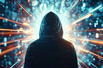 Metaverse and anonymous concept with human in hoody back view on abstract digital background with bright glowing projection beams