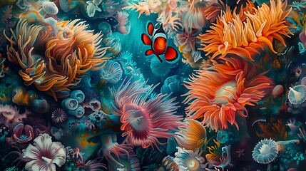 Vibrant Underwater Scene with Colorful Anemones and Clownfish Visuals in Coral Reef Habitat