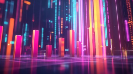A futuristic financial D bar graph showing rising bars in bright colors, floating against a digital grid background with financial symbols.